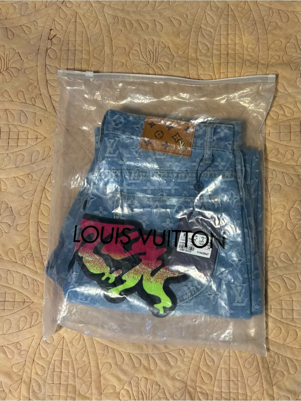 Louis Vuitton Men’s Light Blue Monogram Denim Jeans with Neon Graphic